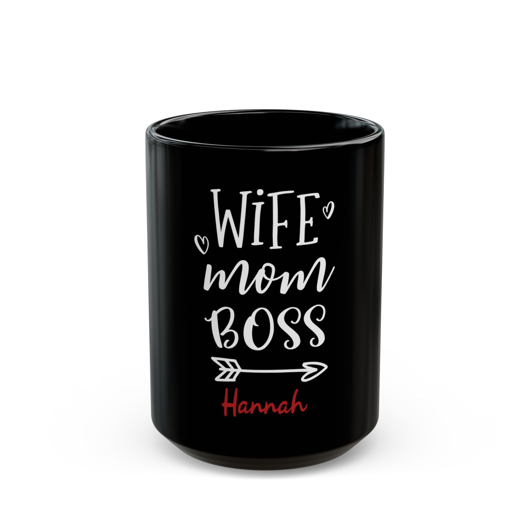 Personalized Wife Mom Boss mug - bold white and red typography on glossy black 15oz ceramic