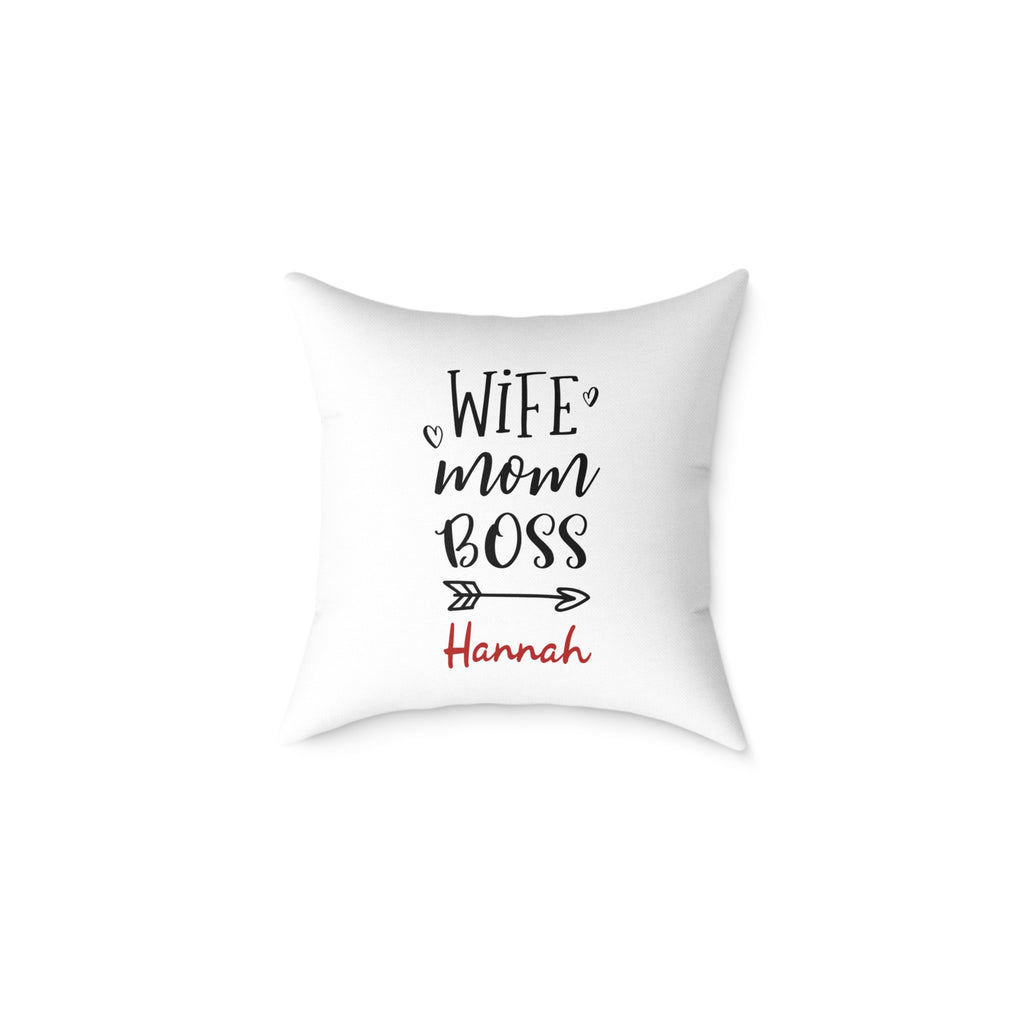 Personalized Wife Mom Boss pillow with custom name – white canvas throw pillow
