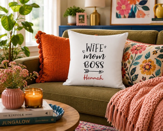Wife Mom Boss pillow – bold hand-lettered design with name in red script