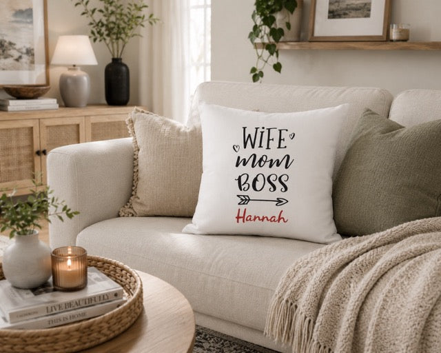 Wife Mom Boss throw pillow on couch – personalized gift idea
