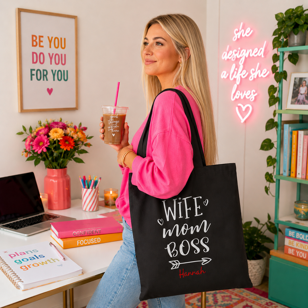 Personalized Wife Mom Boss tote bag shown worn on shoulder, lifestyle photo