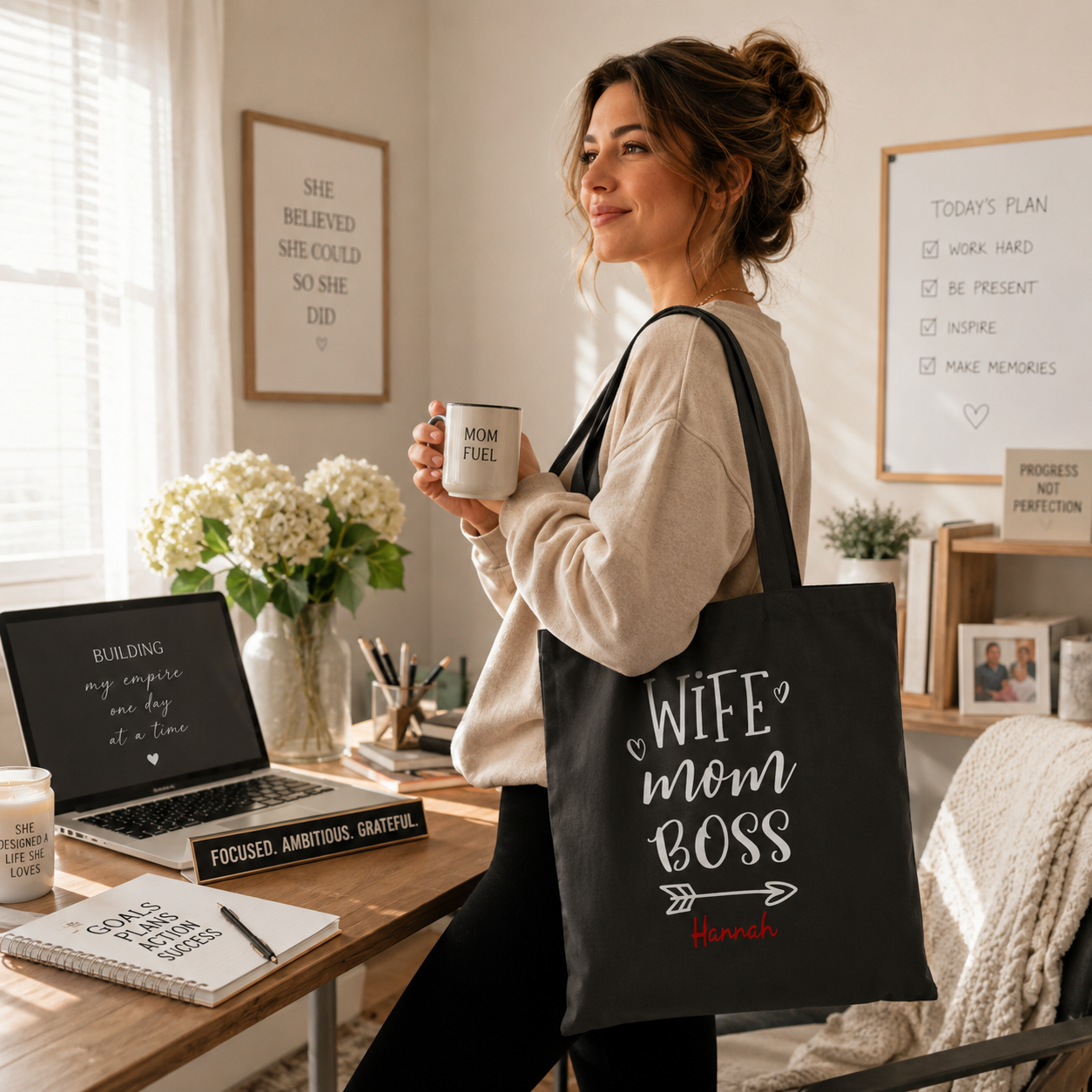Personalized Wife Mom Boss canvas tote bag size and dimensions reference