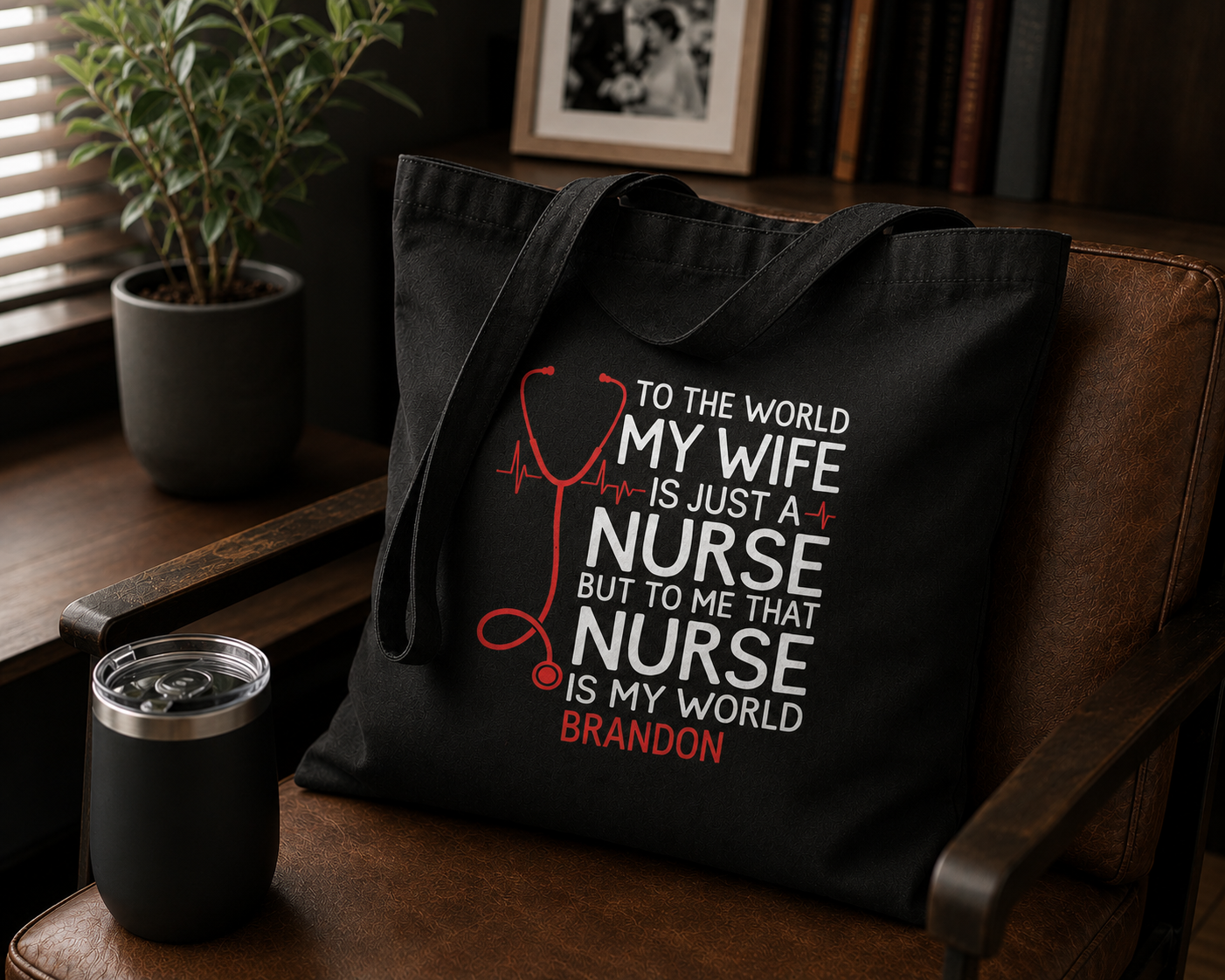 Personalized nurse is my world tote bag shown worn on shoulder, lifestyle photo