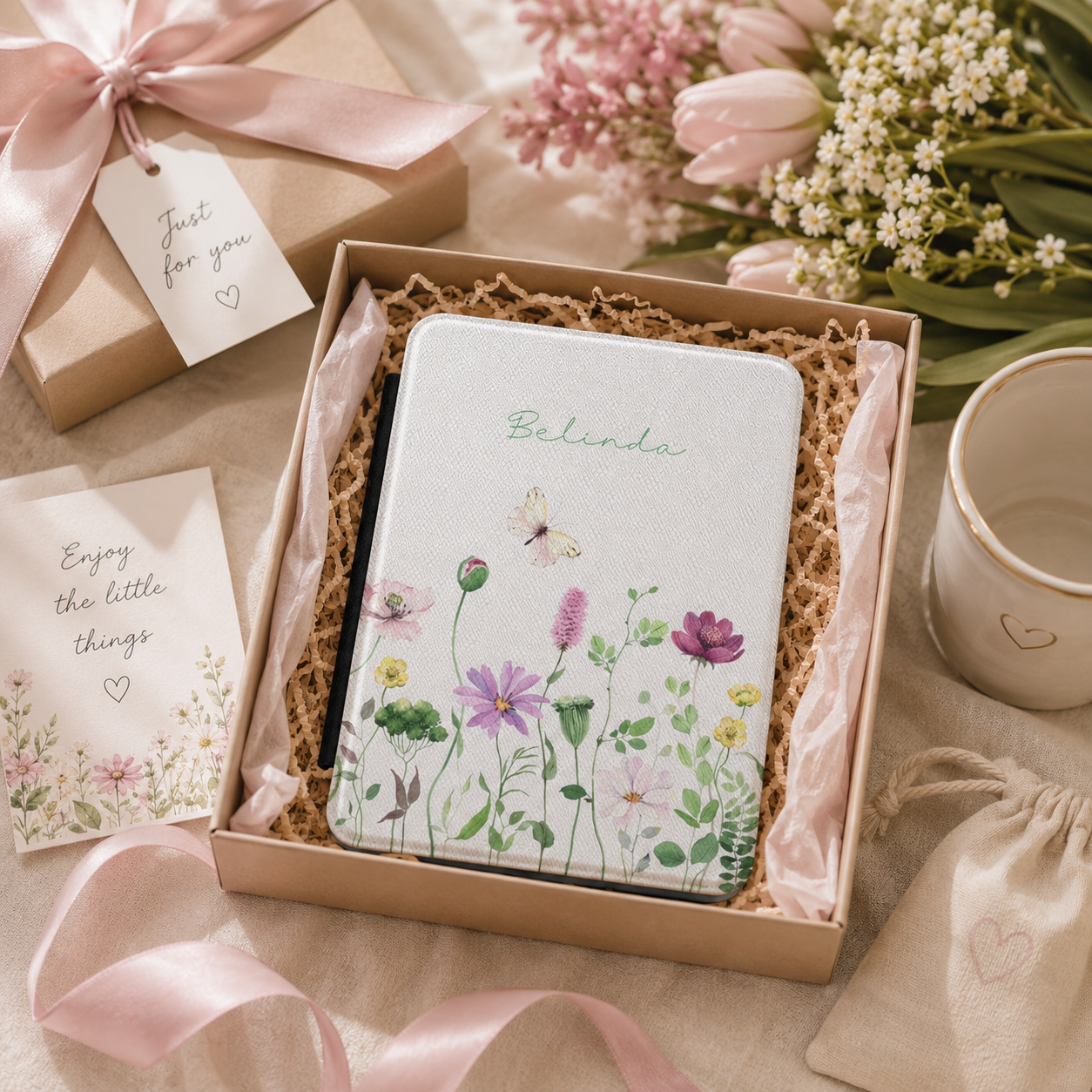 Personalized wildflower kindle case styled as a wrapped gift