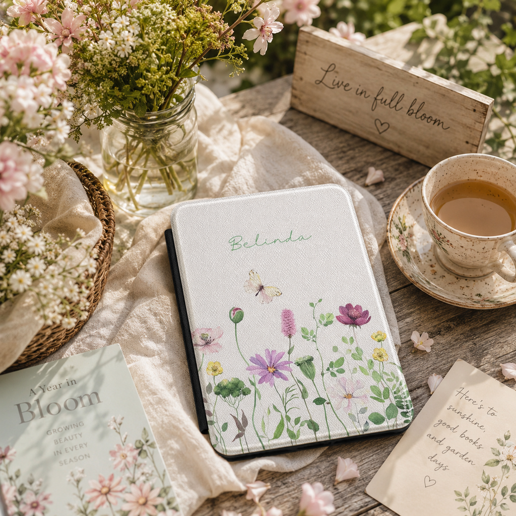 Personalized wildflower kindle case shown in a lifestyle setting