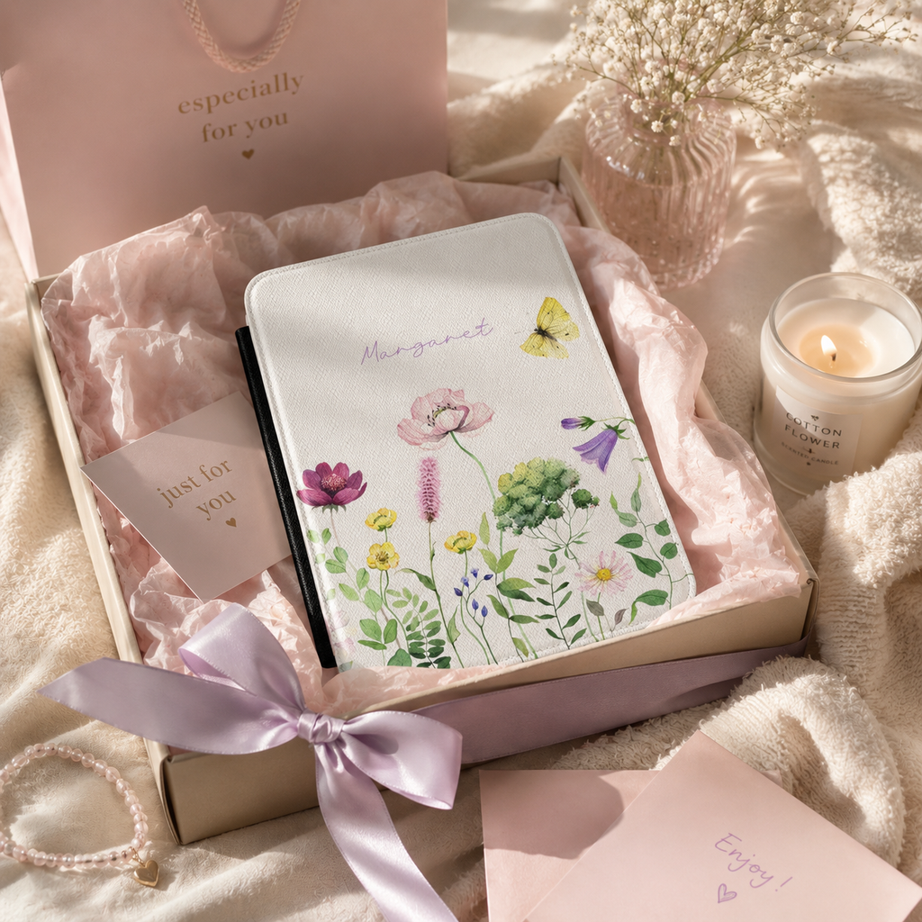 Personalized wildflower kindle case styled as a wrapped gift