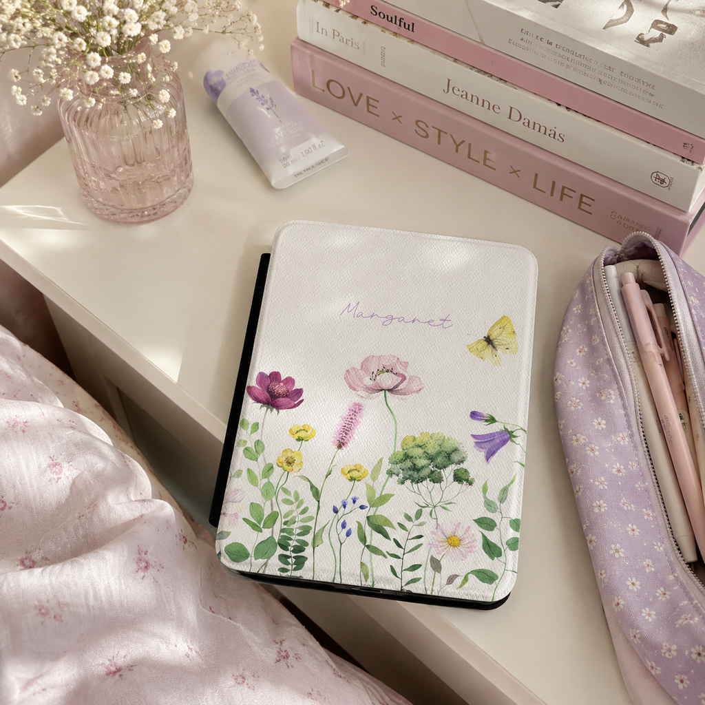 Personalized wildflower kindle case shown in a lifestyle setting