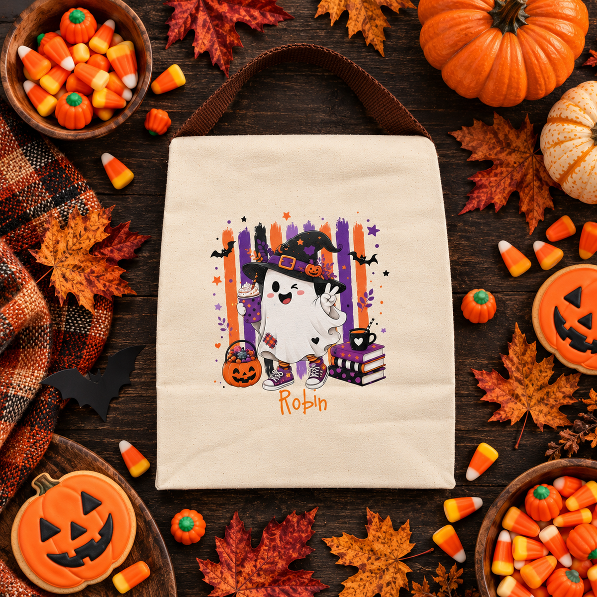 Back view of the Halloween witch ghost canvas lunch bag showing the brown strap handle