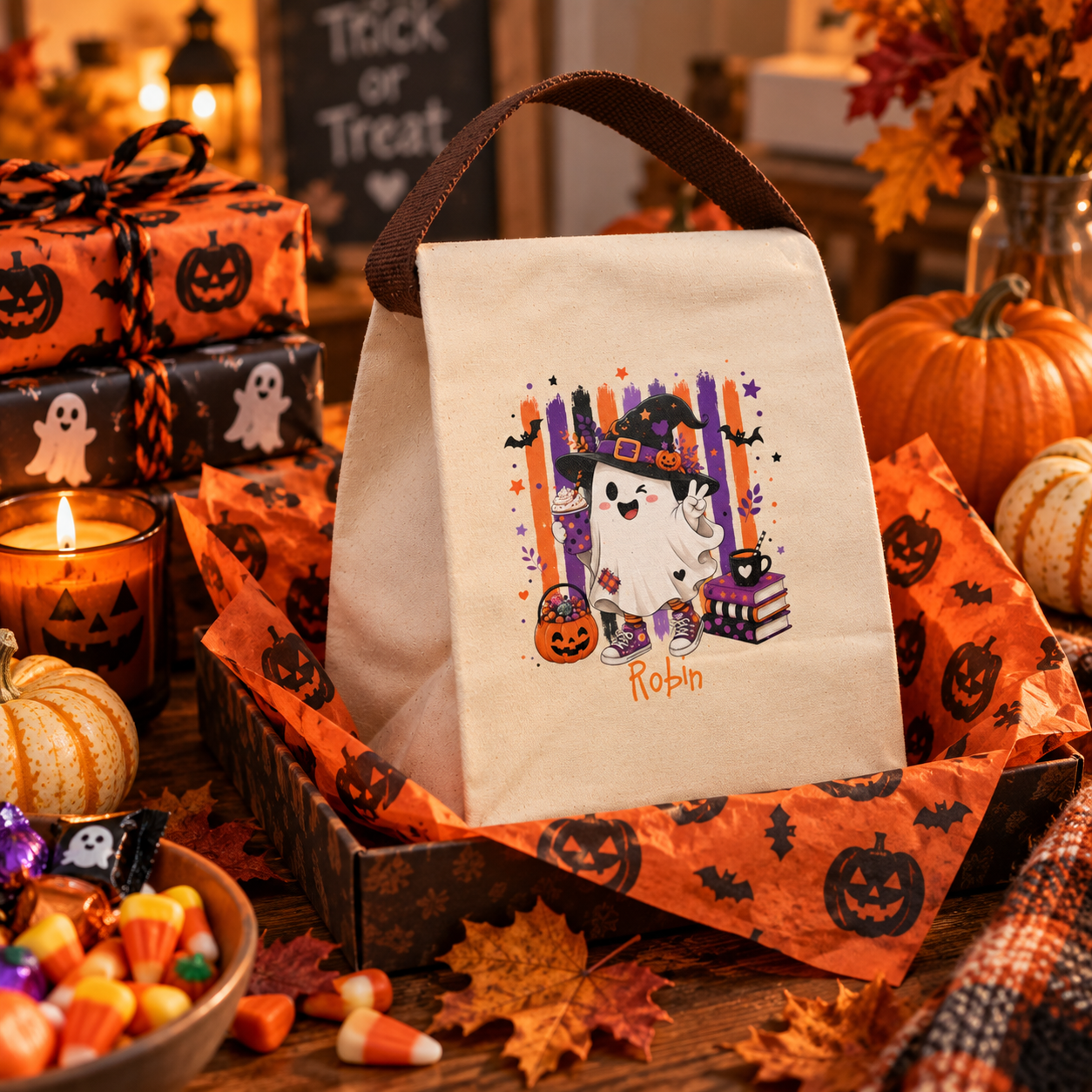 Halloween witch ghost canvas lunch bag shown as a Halloween gift, personalized with custom name