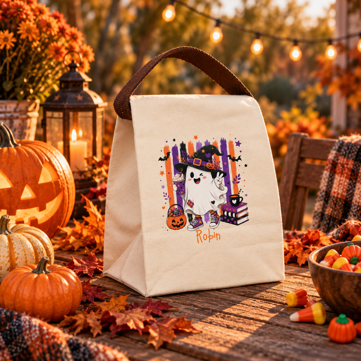 Open view of the Halloween witch ghost canvas lunch bag showing the roomy roll-top interior
