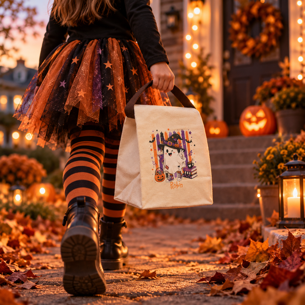 Halloween witch ghost canvas lunch bag styled for a fall lunch, personalized with custom name