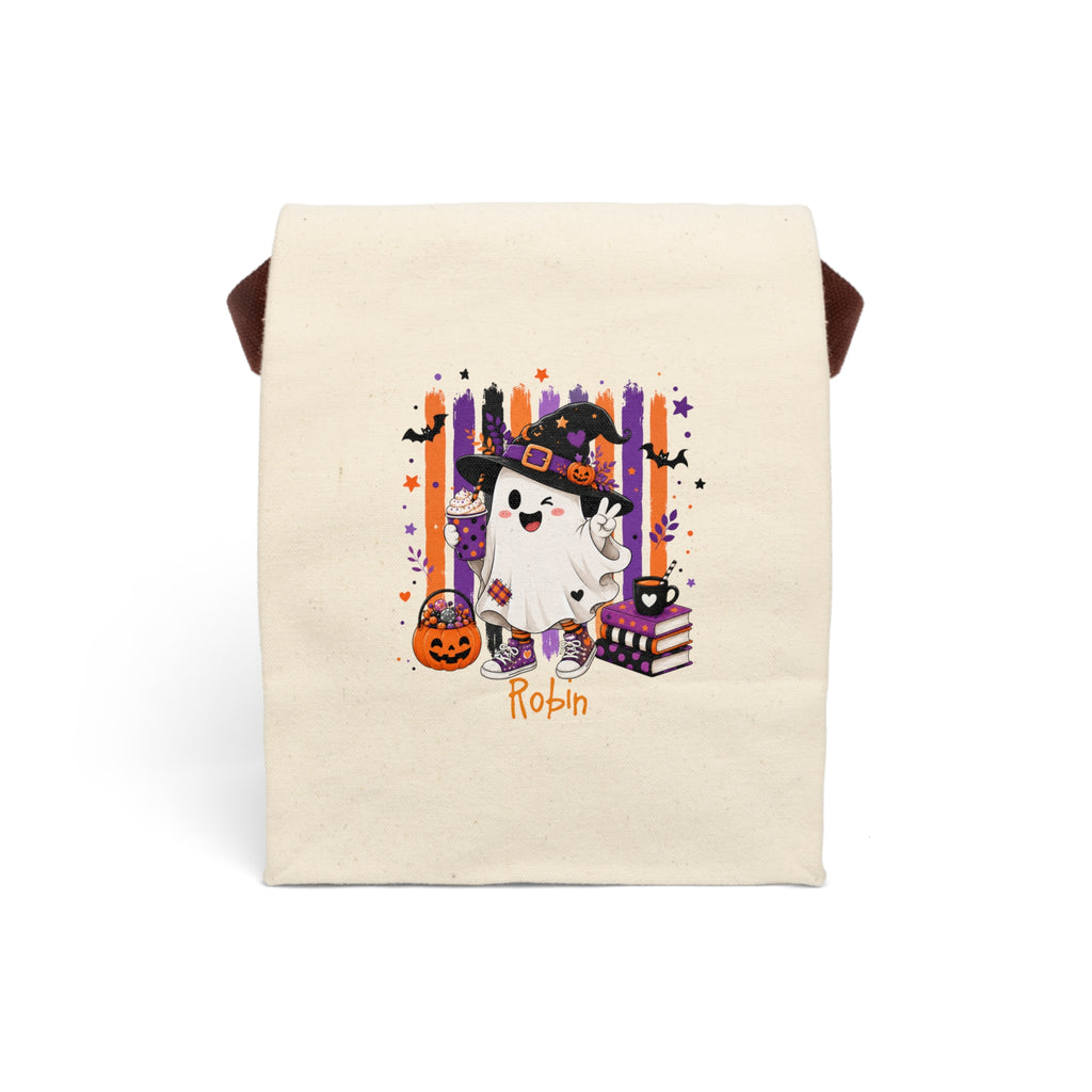 Personalized Halloween witch ghost canvas lunch bag with custom name