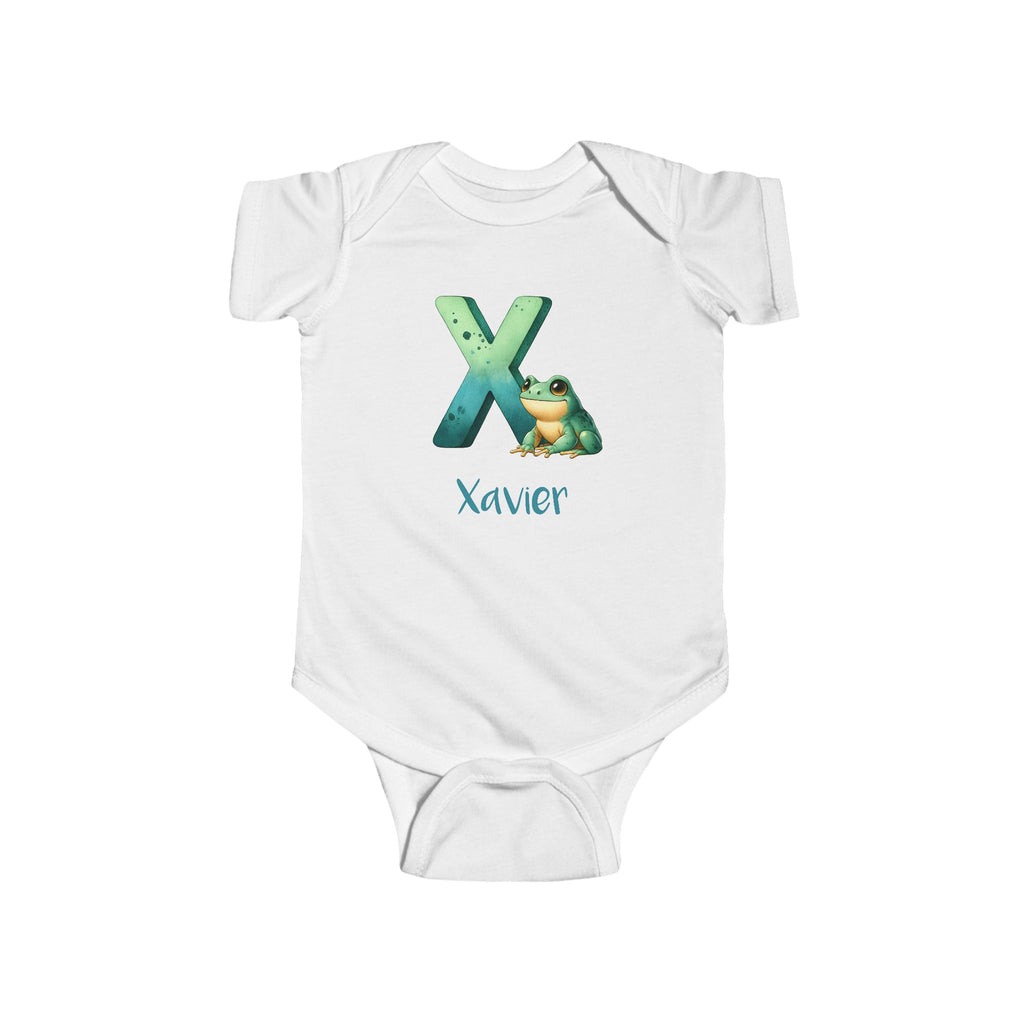 Personalized X baby bodysuit with frog – white cotton onesie with custom name