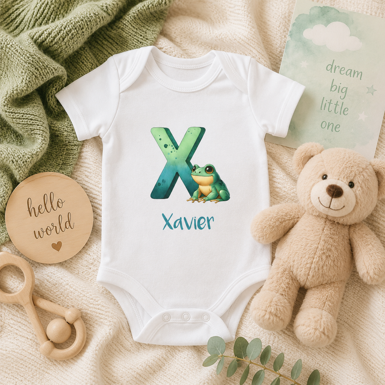 Initial X bodysuit with frog and name in script – flat lay