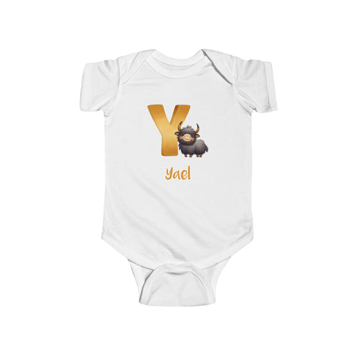 Personalized Y baby bodysuit with yak – white cotton onesie with custom name