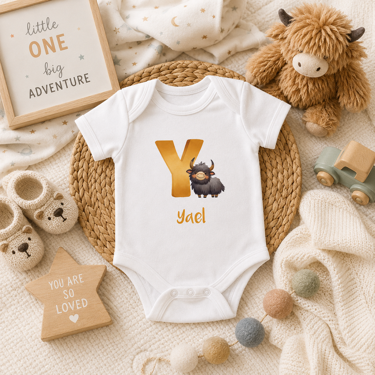 Initial Y bodysuit with yak and name in script – flat lay