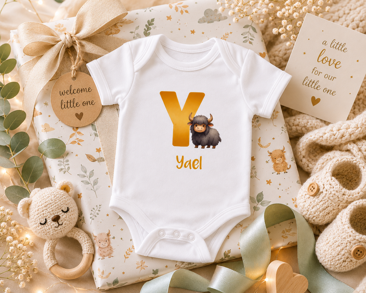 Close-up of Y initial and yak on baby bodysuit