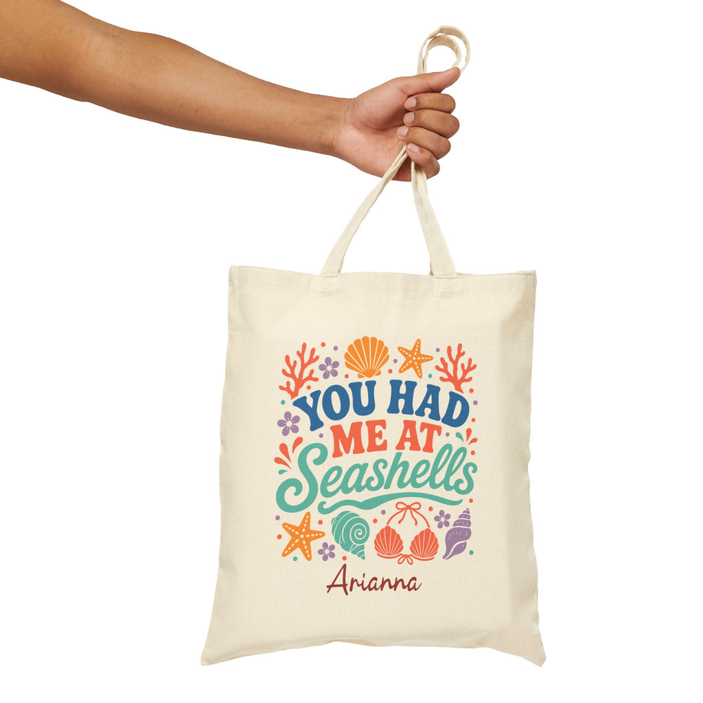 Personalized you had me at seashells canvas tote bag styled in a home setting