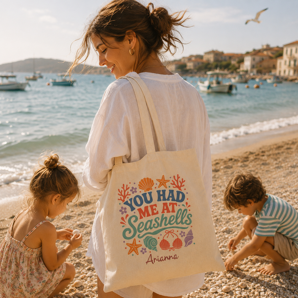 Personalized you had me at seashells tote bag shown worn on shoulder, lifestyle photo