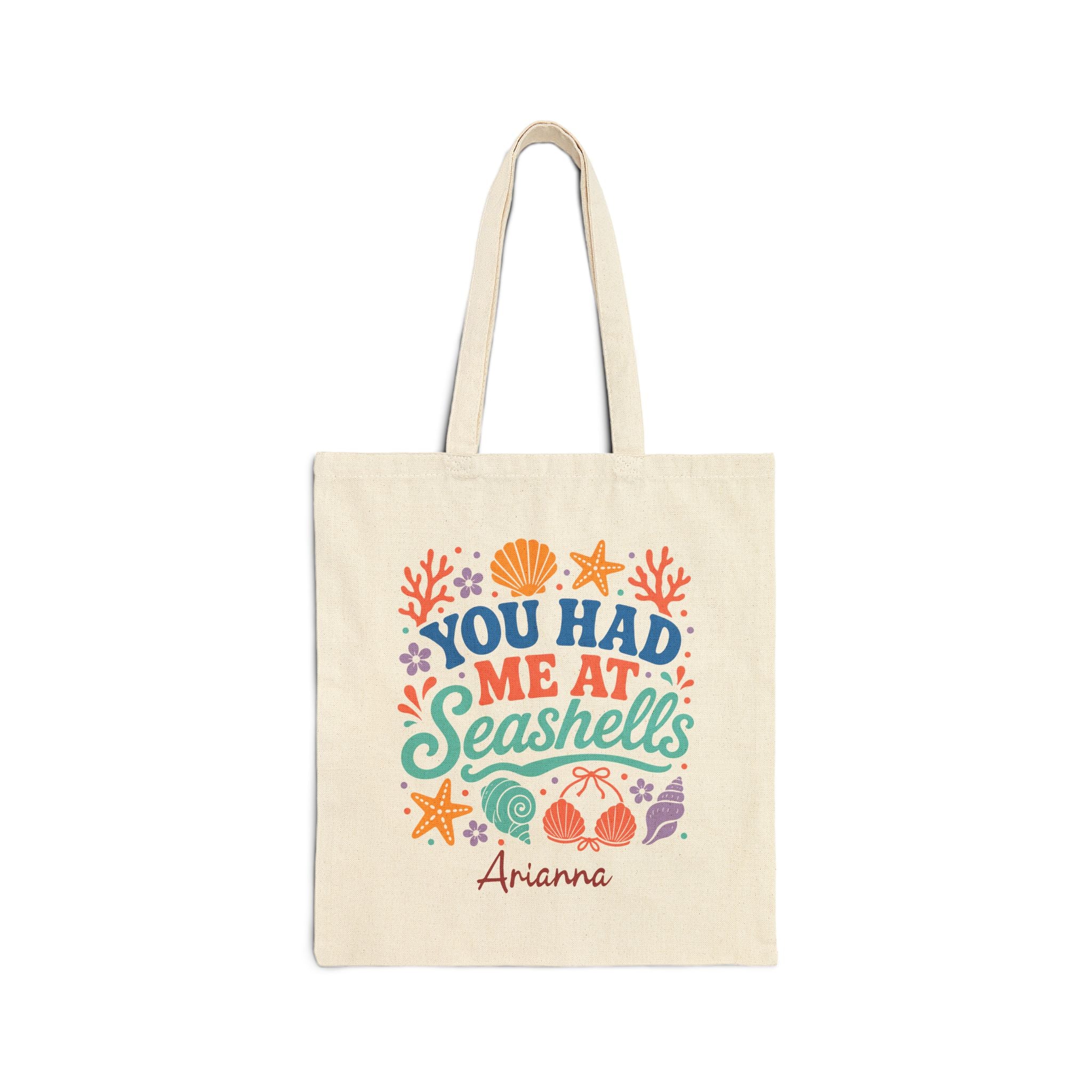 Personalized seashell canvas tote bag with custom name, you had me at seashells design