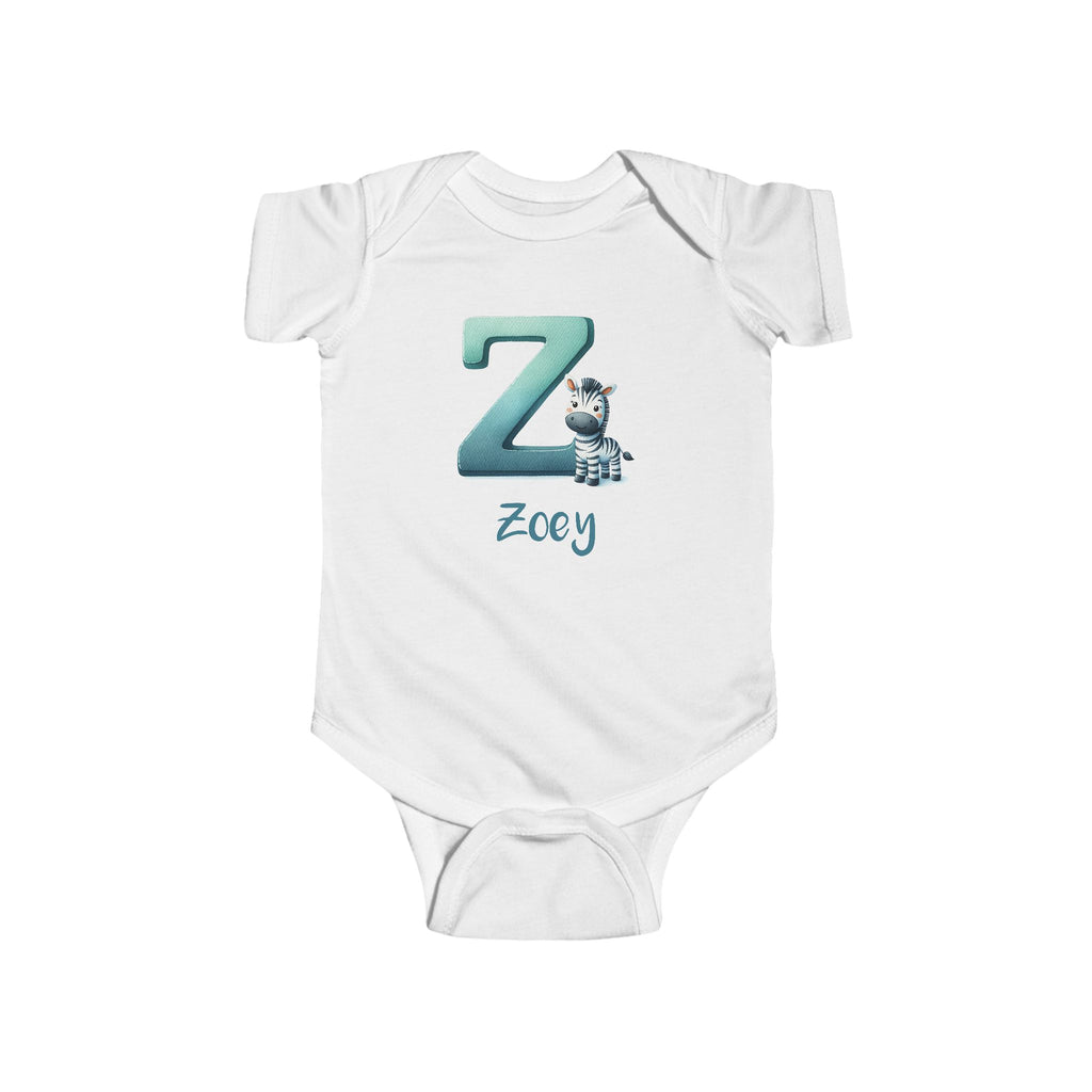 Personalized Z baby bodysuit with zebra – white cotton onesie with custom name