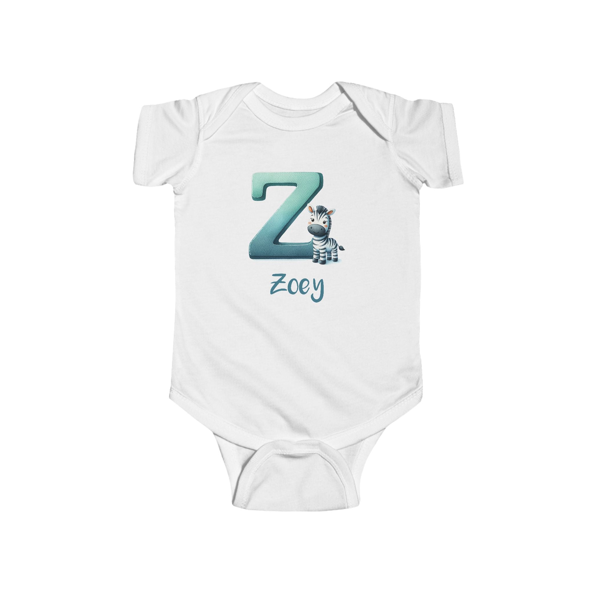 Personalized Z baby bodysuit with zebra – white cotton onesie with custom name