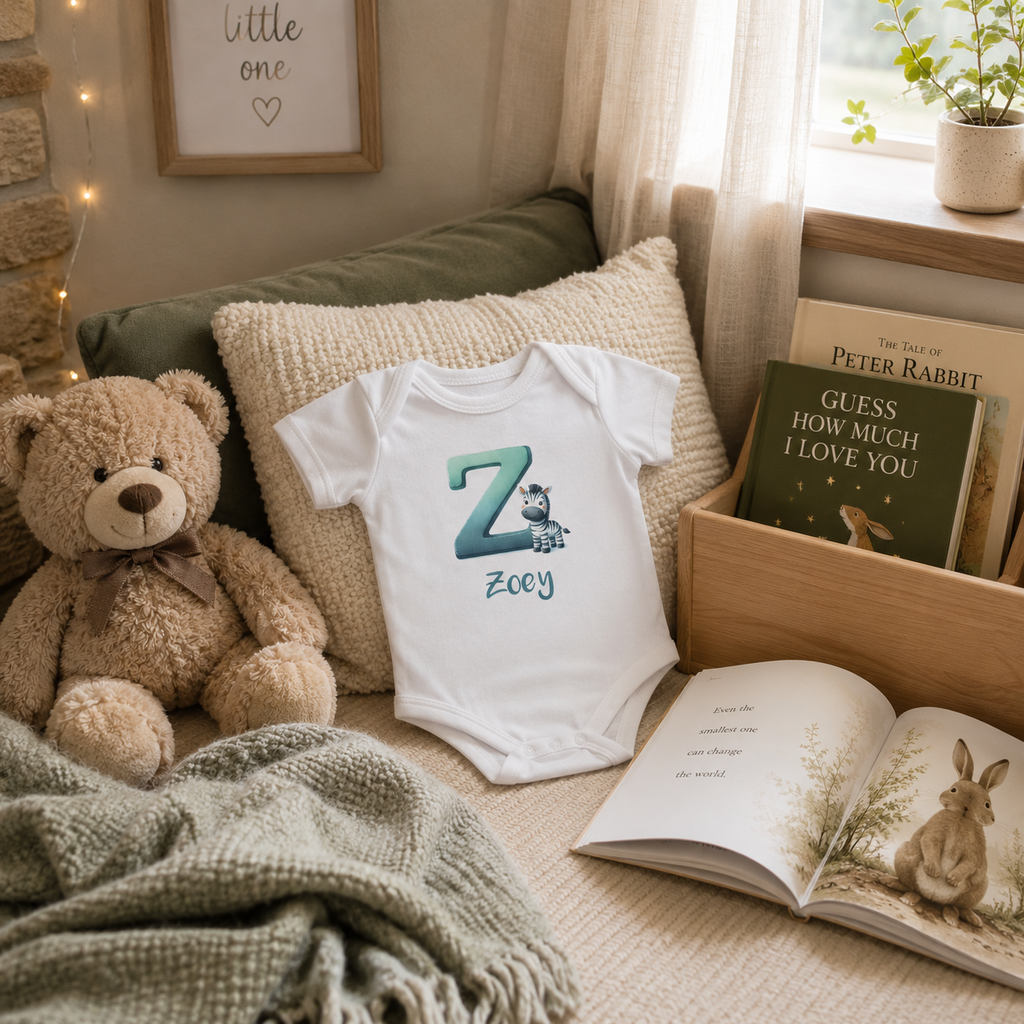 Initial Z bodysuit with zebra and name in script – flat lay