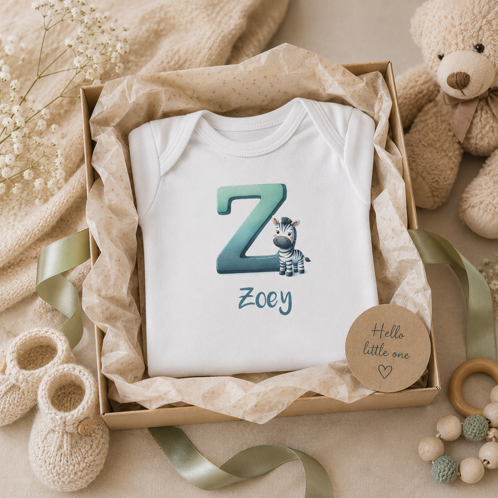 Close-up of Z initial and zebra on baby bodysuit