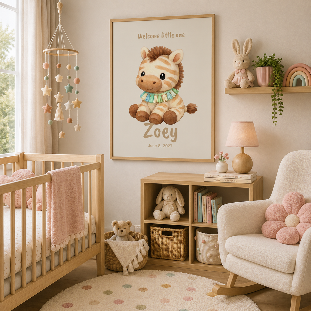 Close-up of zebra nursery poster showing personalized name and birth date