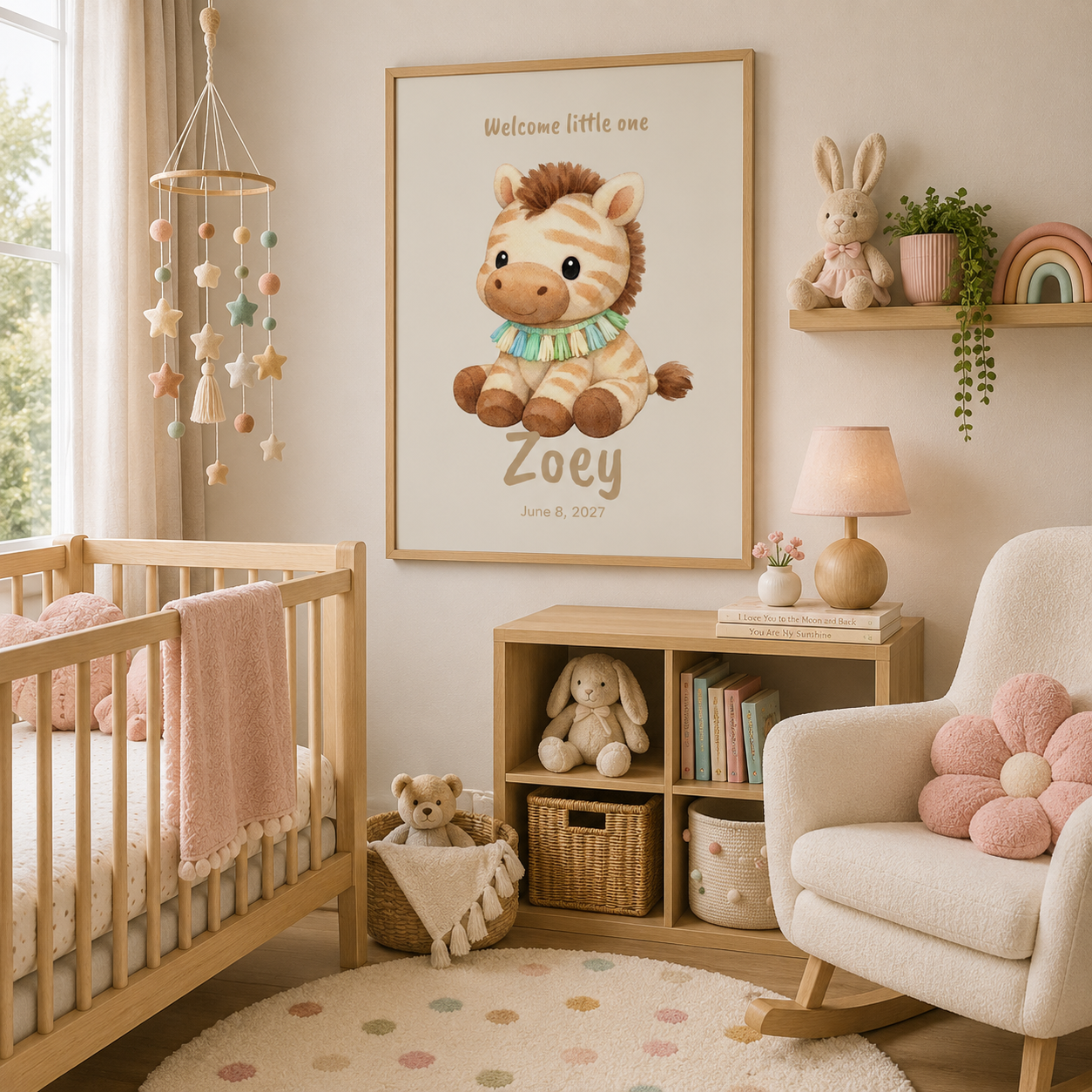 Close-up of zebra nursery poster showing personalized name and birth date