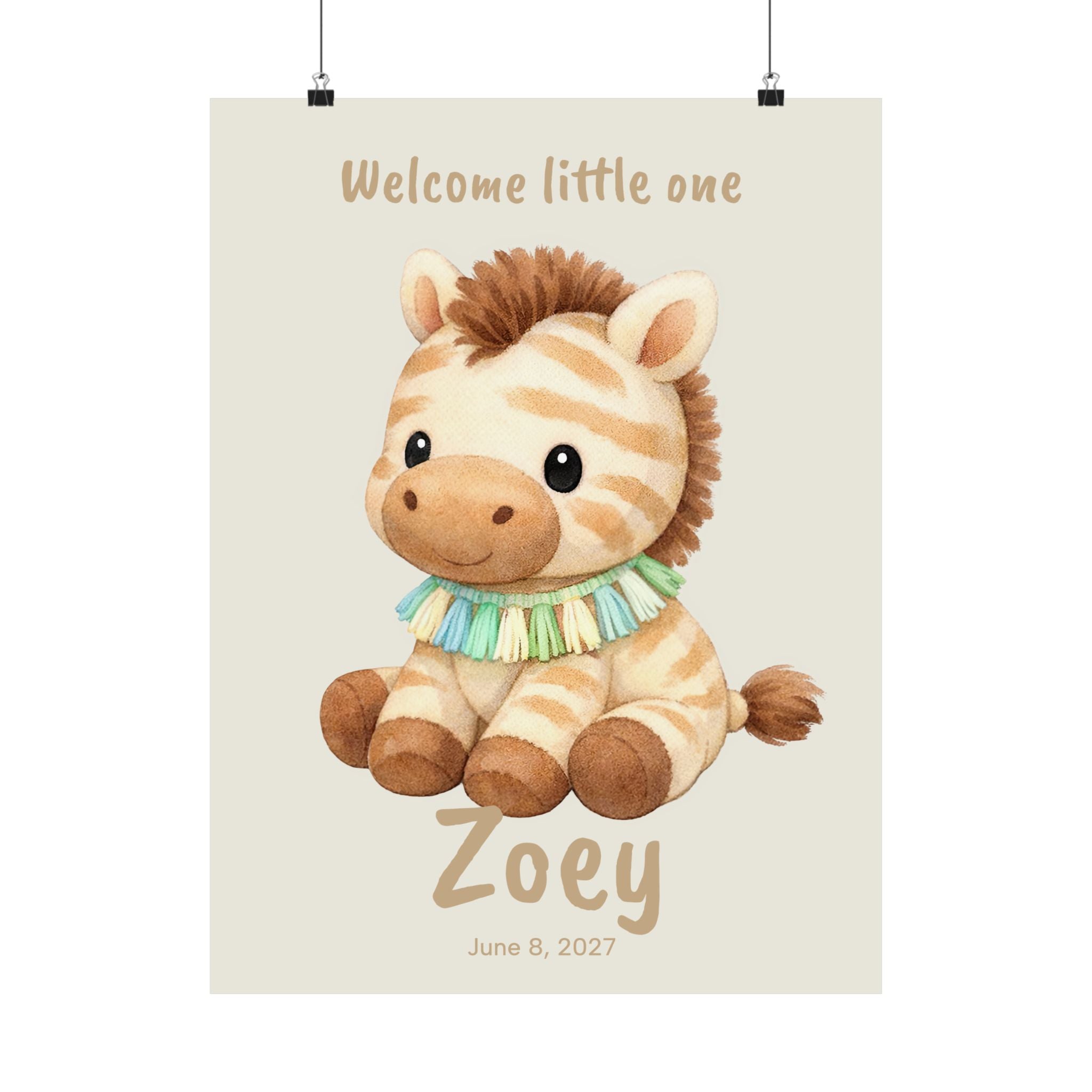 Personalized zebra with tassel collar nursery poster, custom baby name and birth date