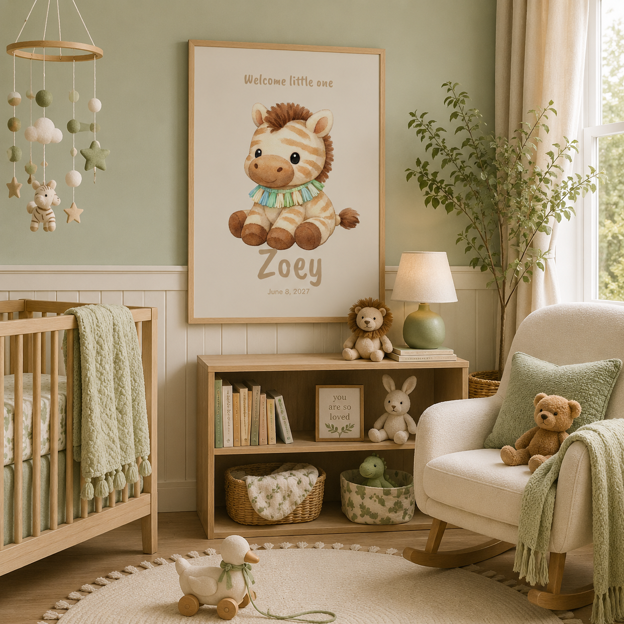 Plush zebra baby name poster displayed in nursery room setting