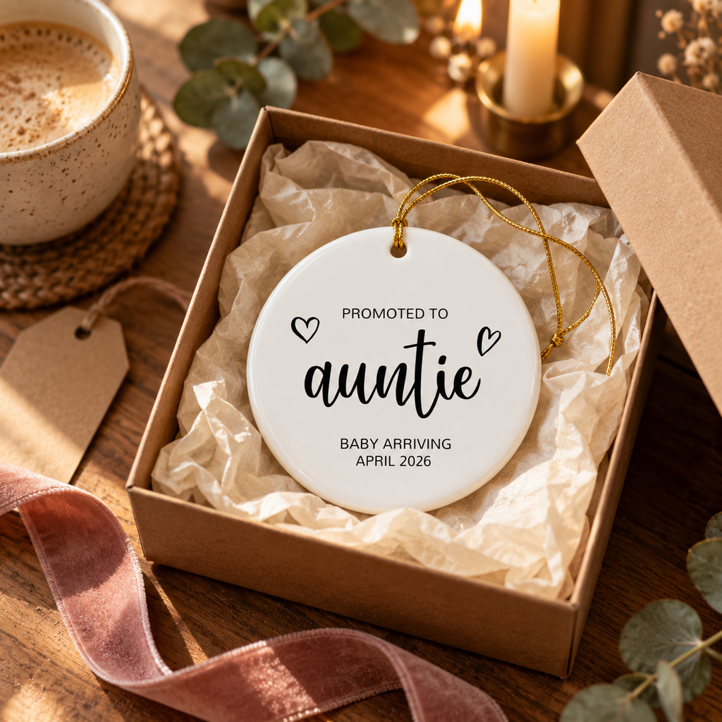 Personalized Promoted to Auntie Christmas ornament in black script in a gift box with tissue paper