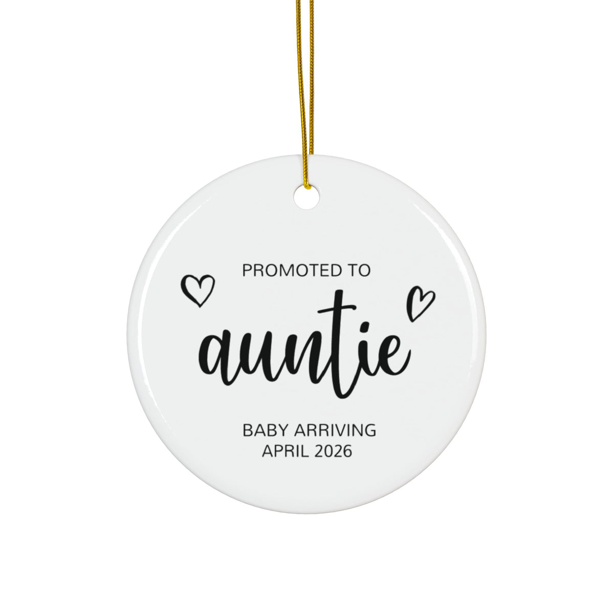 Personalized Promoted to Auntie Christmas ornament in black script, front side