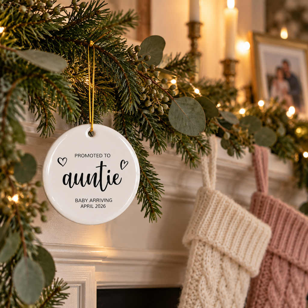 Personalized Promoted to Auntie Christmas ornament in black script on a fireplace garland with stockings