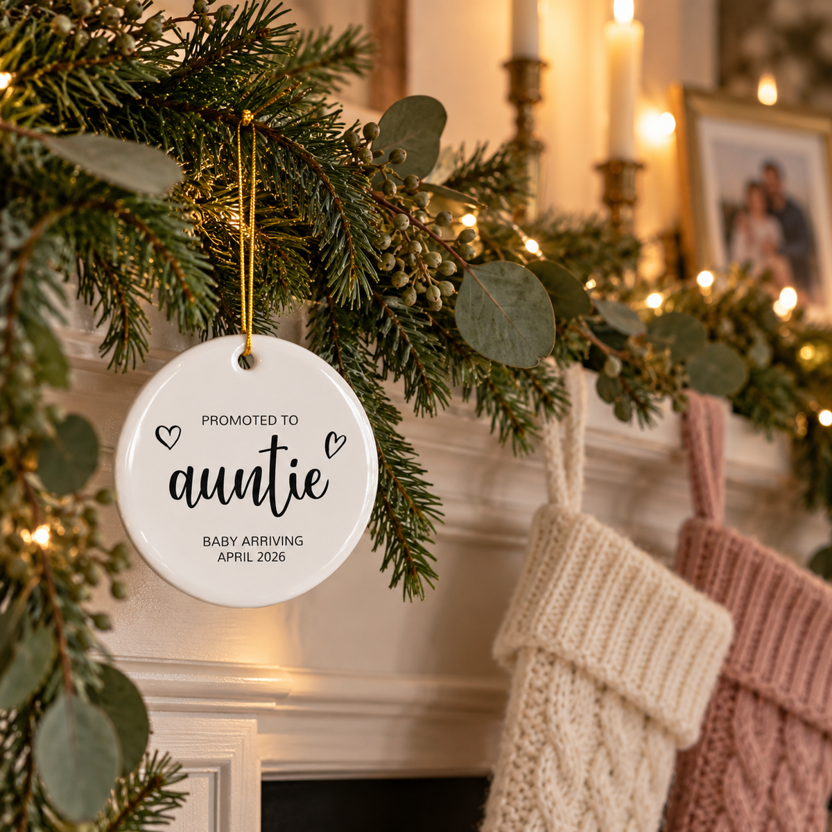 Personalized Promoted to Auntie Christmas ornament in black script on a fireplace garland with stockings