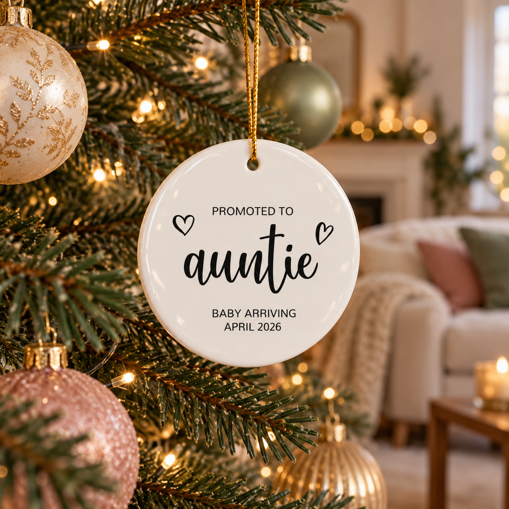 Personalized Promoted to Auntie Christmas ornament in black script hanging on a Christmas tree