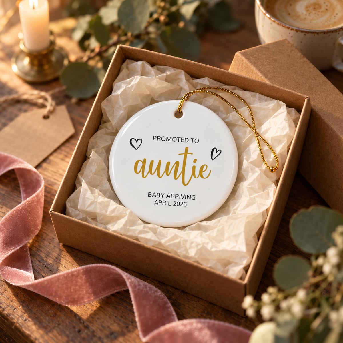 Personalized Promoted to Auntie Christmas ornament in gold script in a gift box with tissue paper
