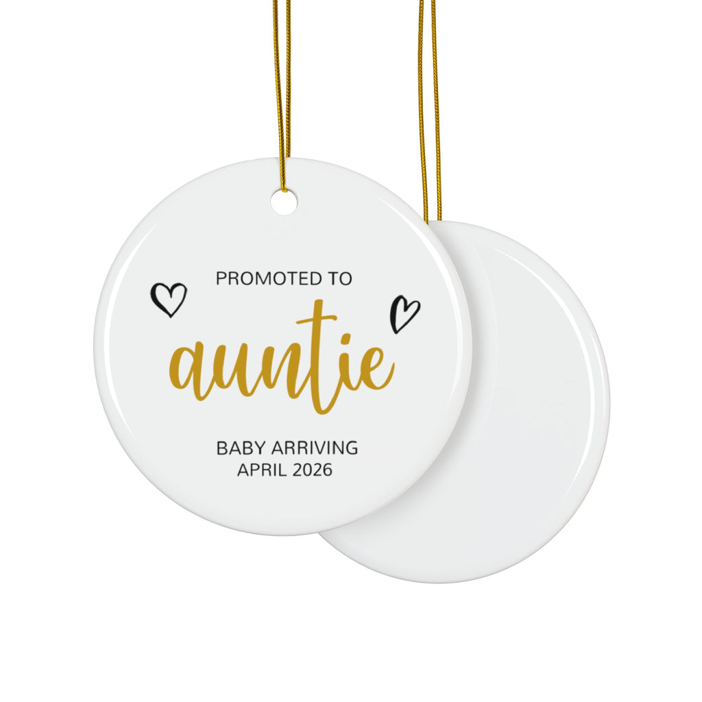 Front and back of the personalized Promoted to Auntie Christmas ornament in gold script