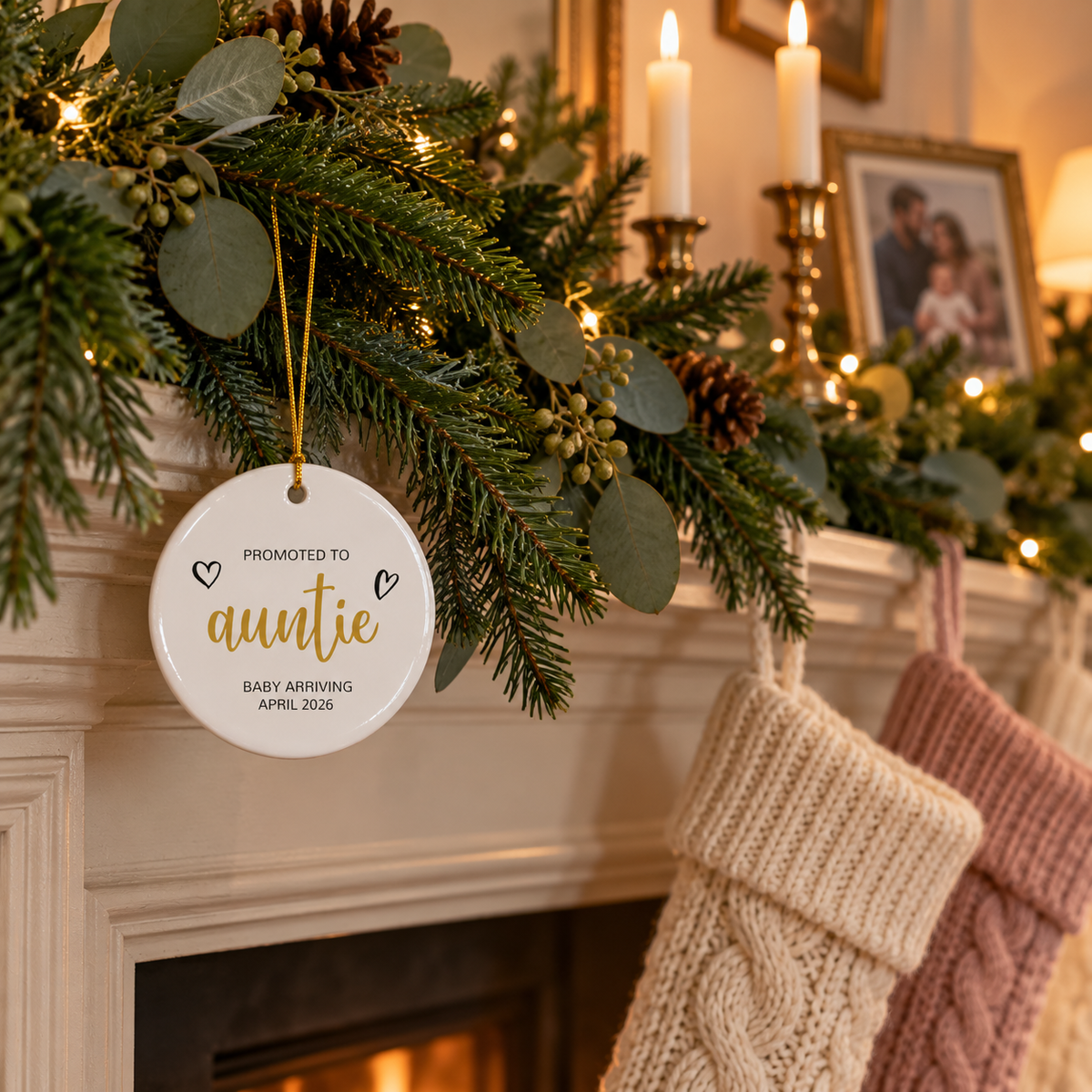 Personalized Promoted to Auntie Christmas ornament in gold script on a fireplace garland with stockings