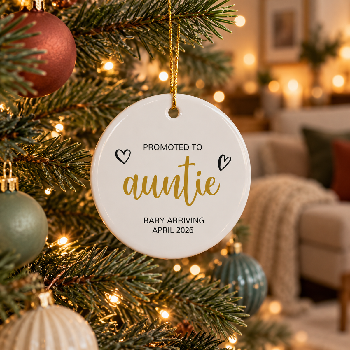 Personalized Promoted to Auntie Christmas ornament in gold script hanging on a Christmas tree