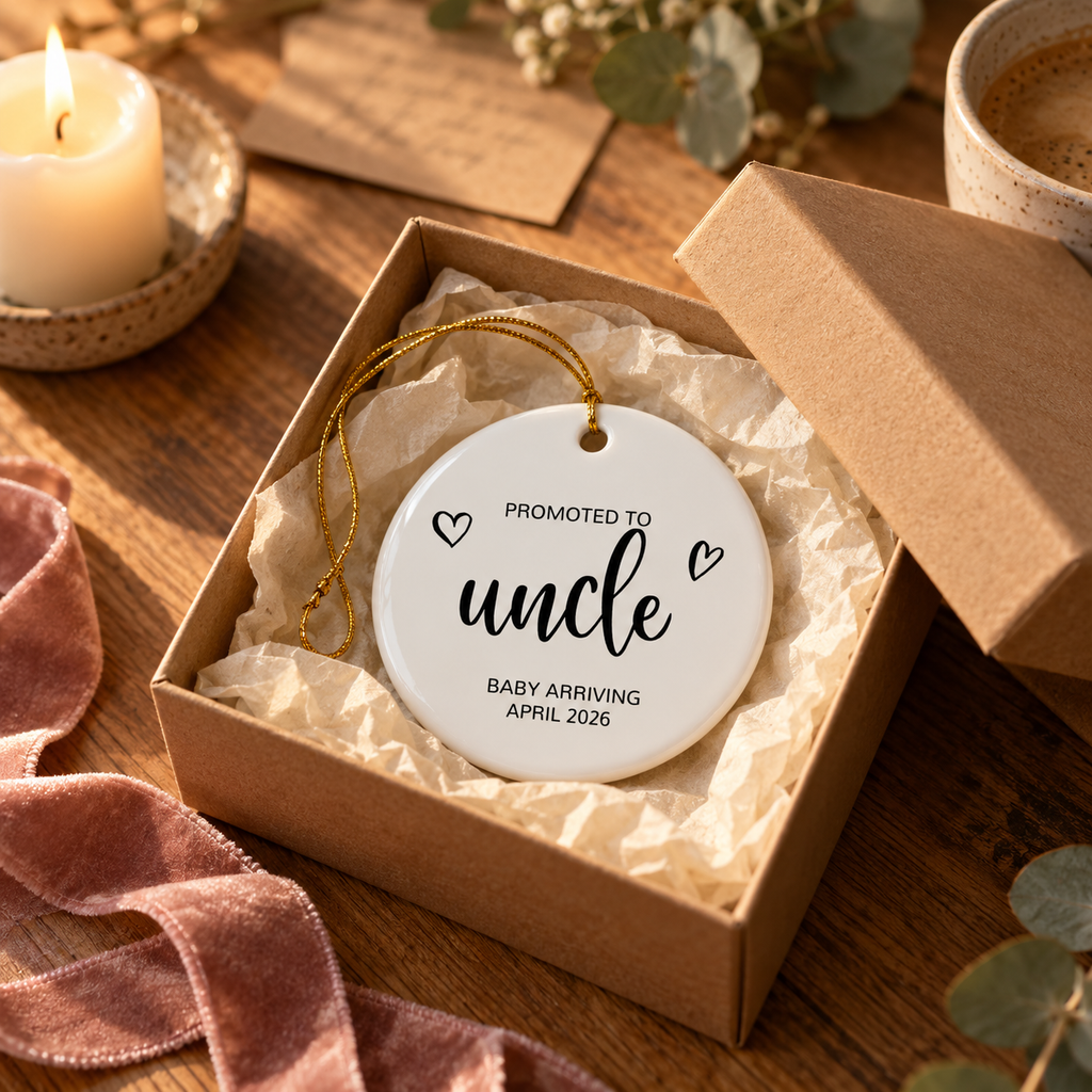 Personalized Promoted to Uncle Christmas ornament in black script in a gift box with tissue paper