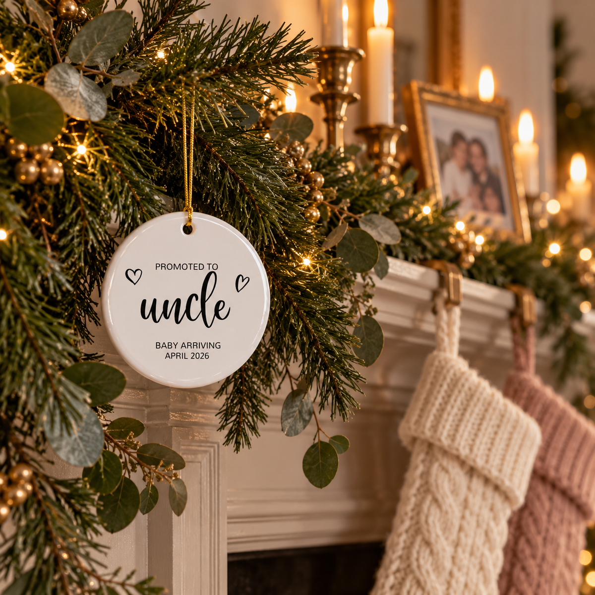 Personalized Promoted to Uncle Christmas ornament in black script on a fireplace garland with stockings