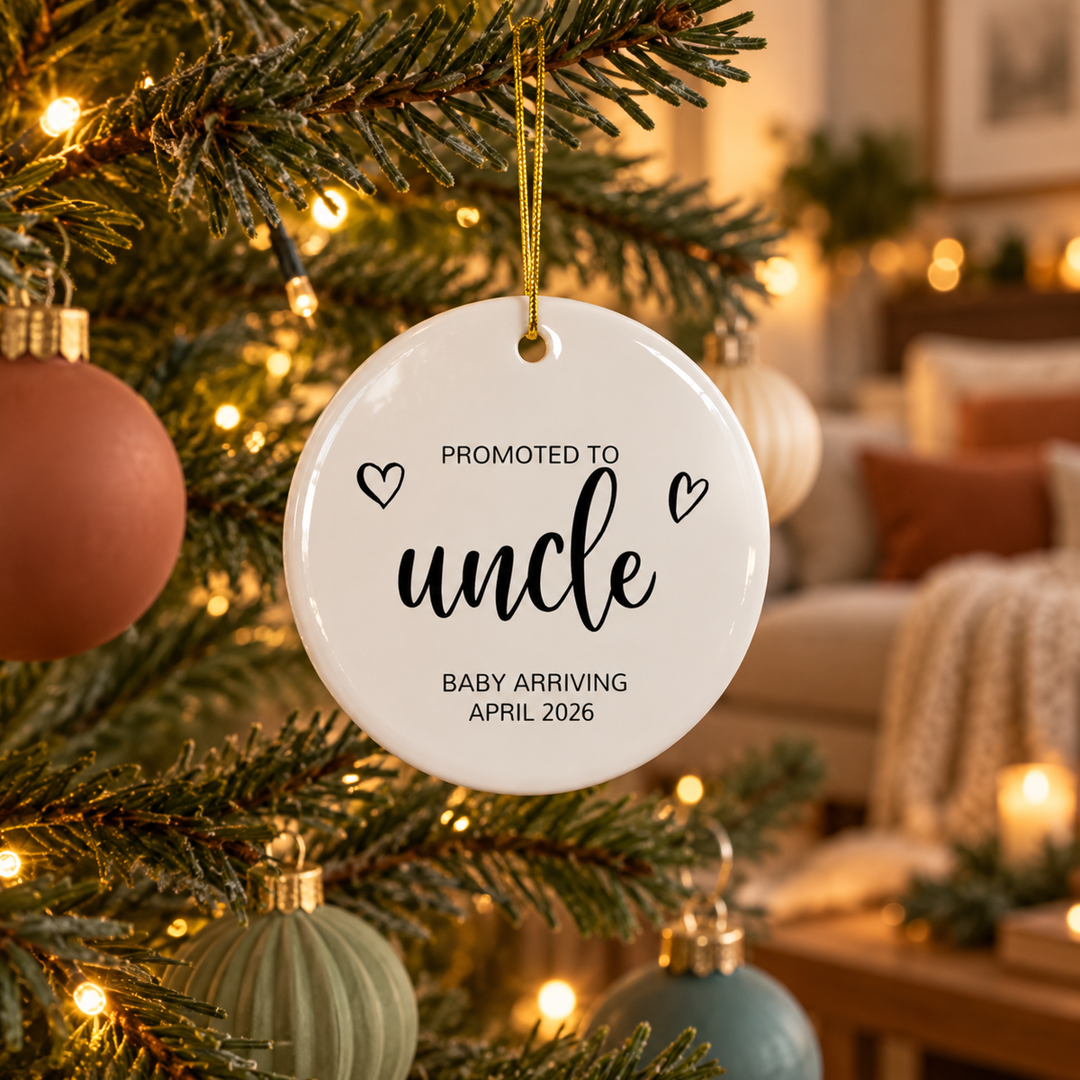 Personalized Promoted to Uncle Christmas ornament in black script hanging on a Christmas tree