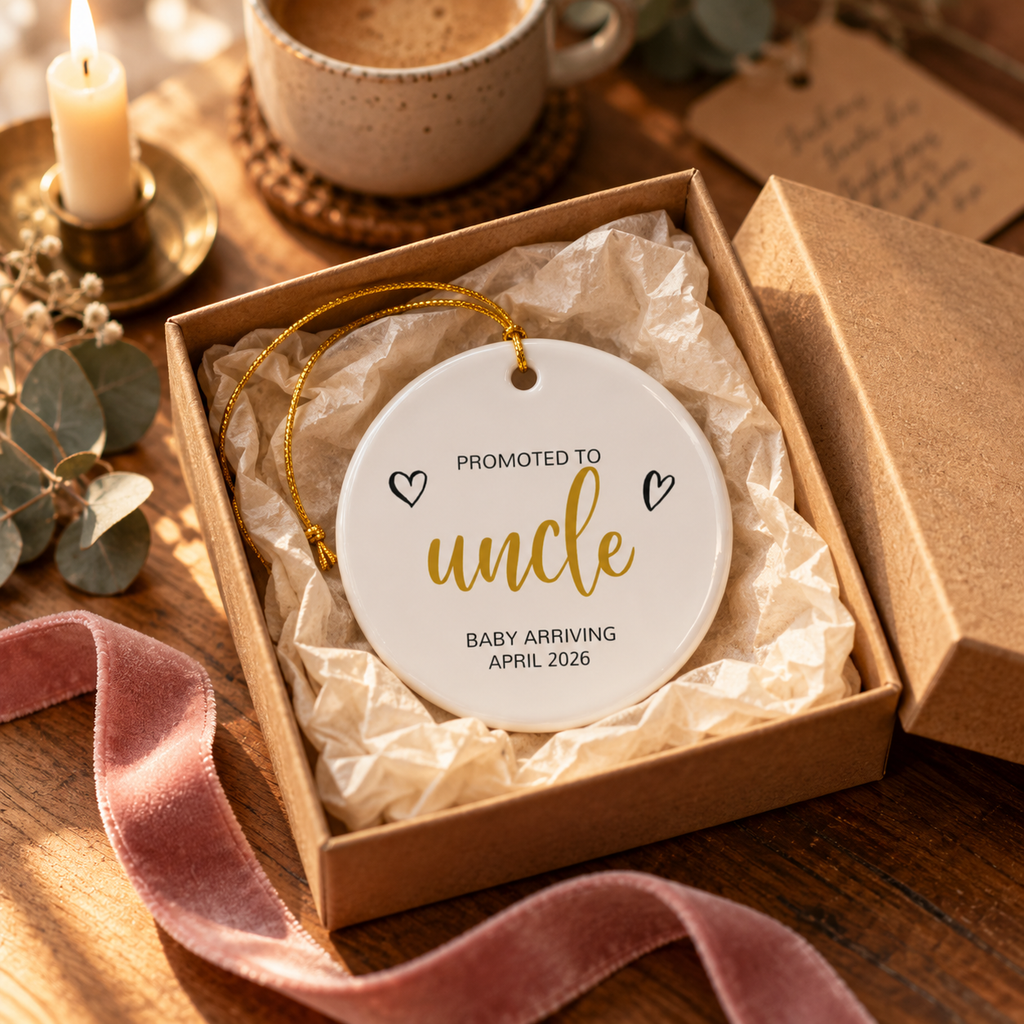 Personalized Promoted to Uncle Christmas ornament in gold script in a gift box with tissue paper