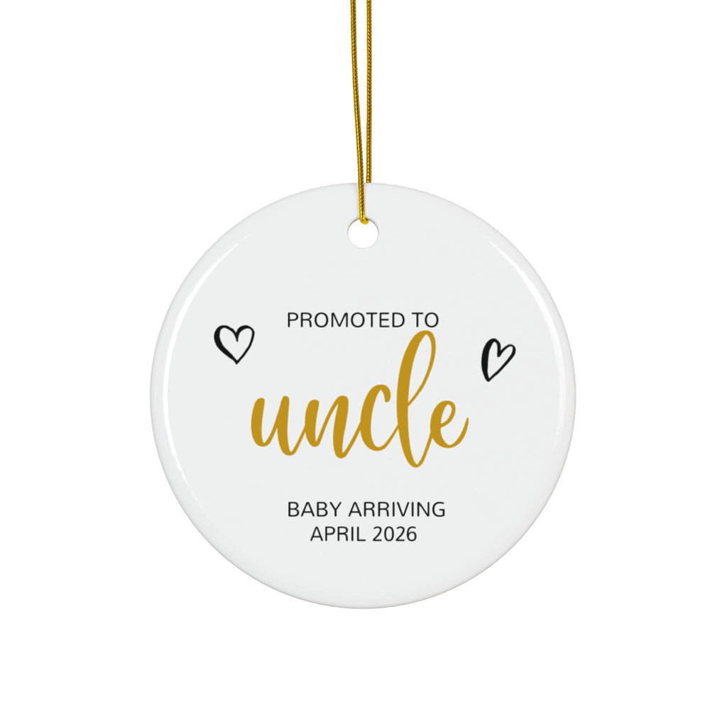 Personalized Promoted to Uncle Christmas ornament in gold script, front side