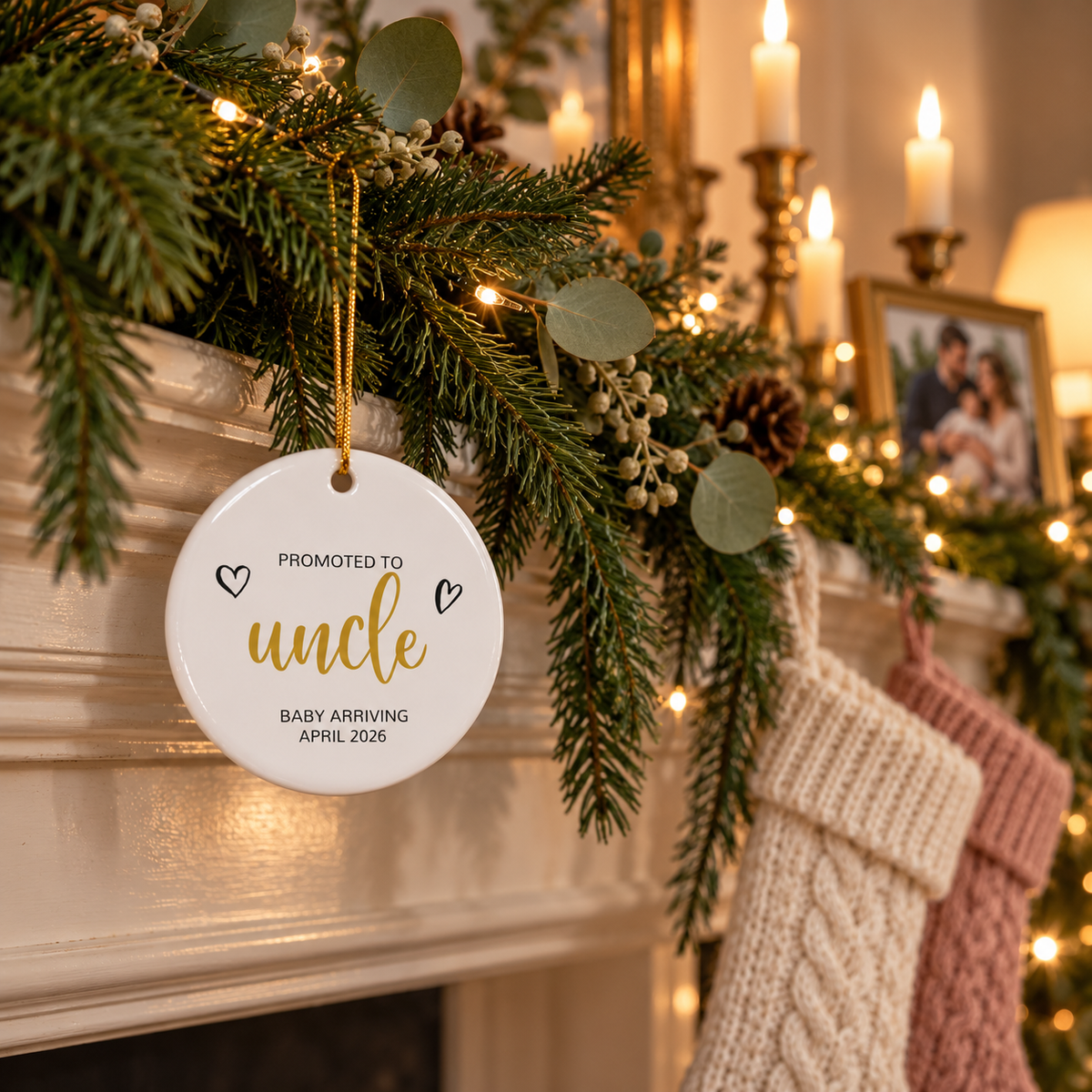 Personalized Promoted to Uncle Christmas ornament in gold script on a fireplace garland with stockings