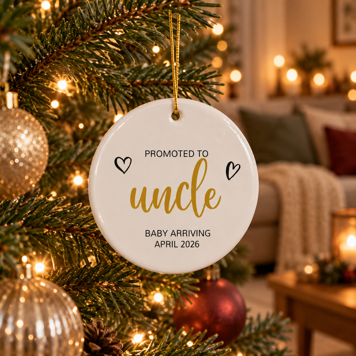 Personalized Promoted to Uncle Christmas ornament in gold script hanging on a Christmas tree