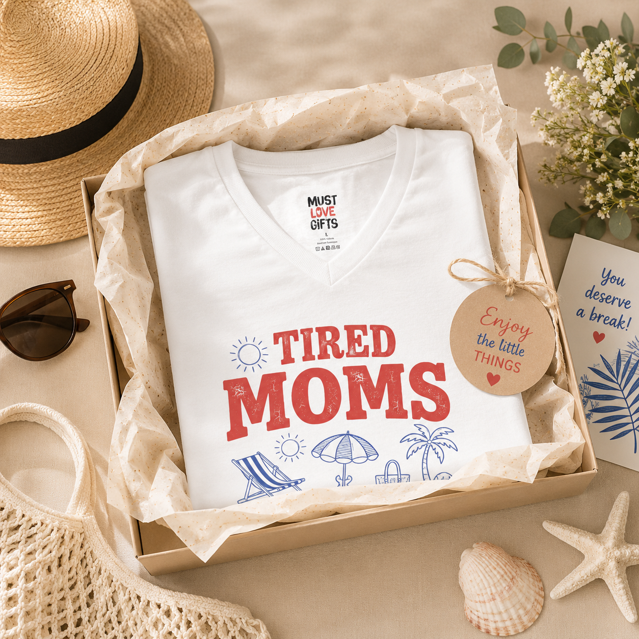 Tired Moms Summer Club V-neck tee lifestyle shot worn casually outdoors